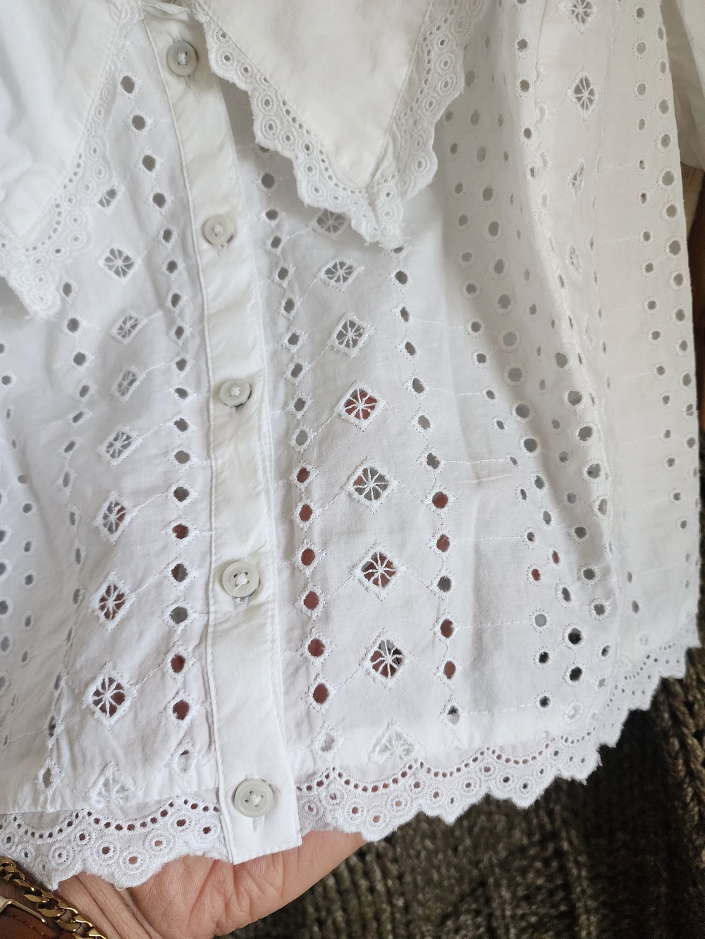 American Eagle Outfitters White Eyelet Button-Front Blouse with Lace Trim - Picture 2 of 6